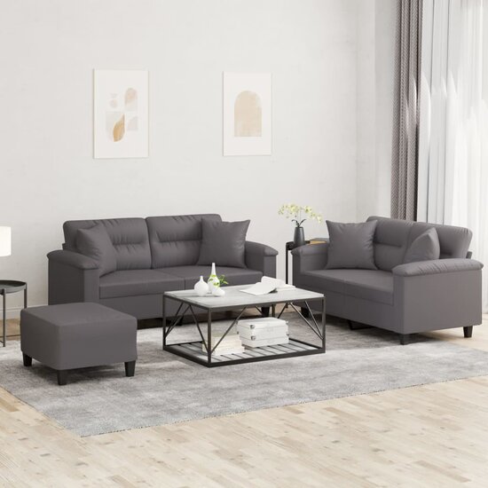 3-Delige Loungeset Met Kussens Kunstleer Grijs
