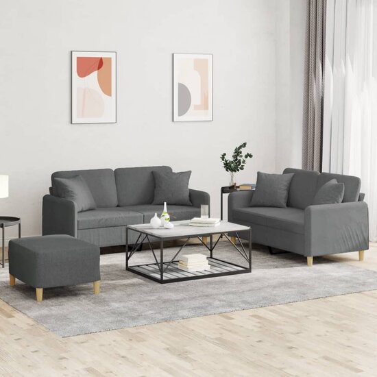 3-Delige Loungeset Met Kussens Stof Donkergrijs