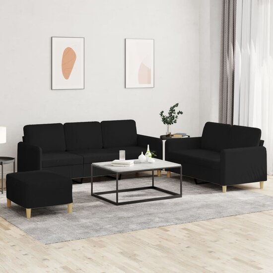 3-Delige Loungeset Met Kussens Stof Zwart