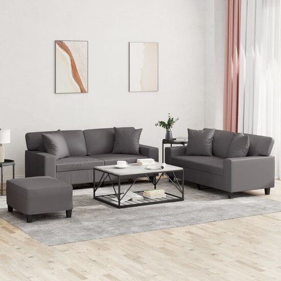 3-Delige Loungeset Met Kussens Kunstleer Grijs