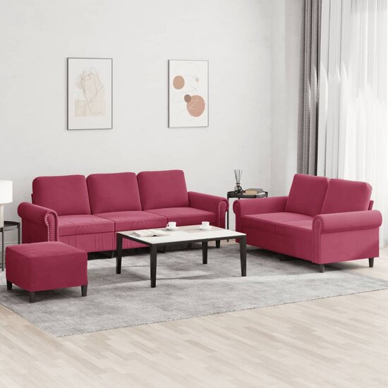 3-Delige Loungeset Met Kussens Fluweel Wijnrood