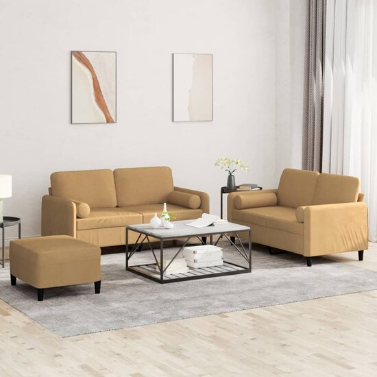 3-delige Loungeset met kussens fluweel bruin