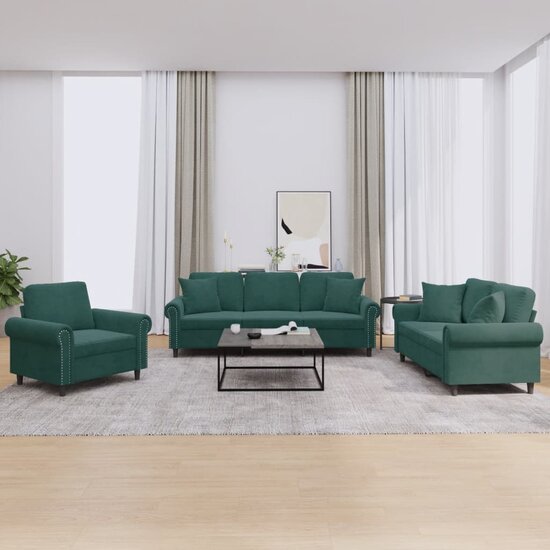 3-Delige Loungeset Fluweel Donkergroen met kussens