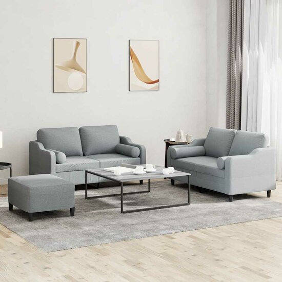 3-Delige Loungeset Met Kussens Stof Lichtgrijs