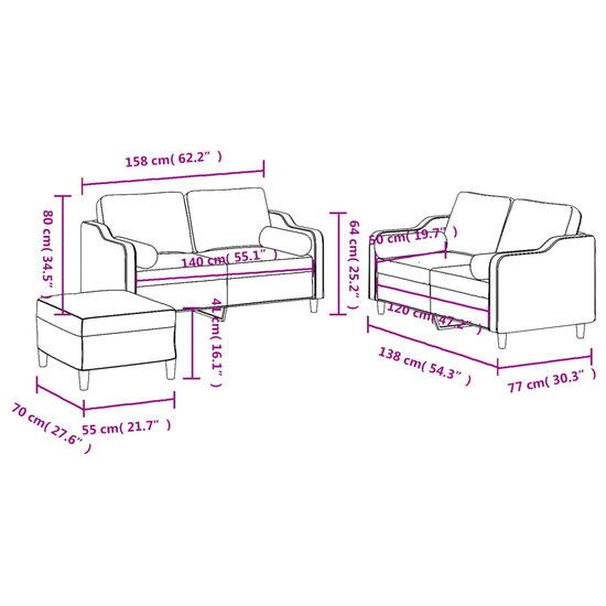 3-delige Loungeset met kussens stof donkergrijs