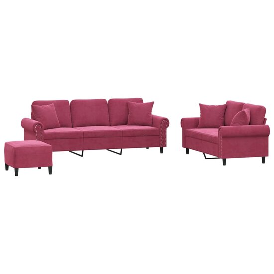 3-delige Loungeset met kussens fluweel wijnrood