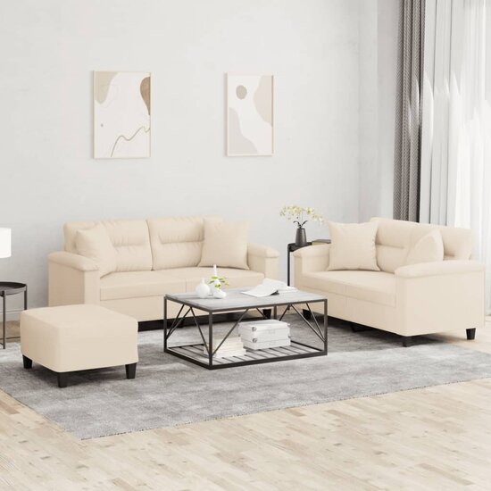3-Delige Loungeset Met Kussens Microvezelstof Beige