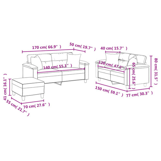 3-Delige Loungeset Met Kussens Microvezelstof Beige