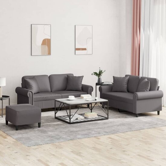 3-Delige Loungeset Met Kussens Kunstleer Grijs