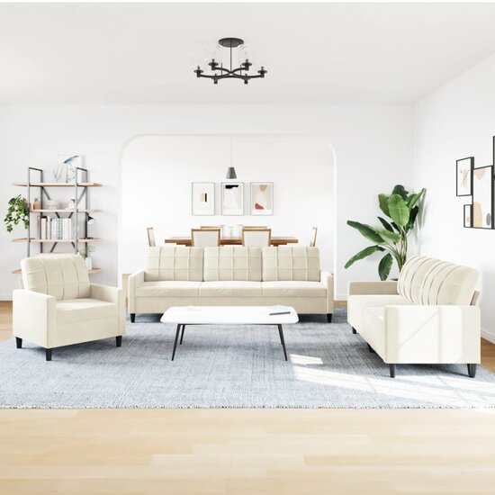 3-delige Loungeset met kussens fluweel cr&egrave;mekleurig
