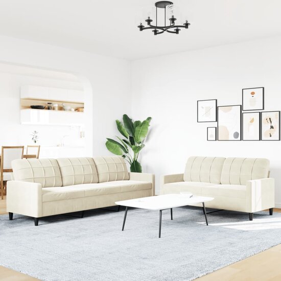 2-delige Loungeset met kussens fluweel cr&egrave;mekleurig
