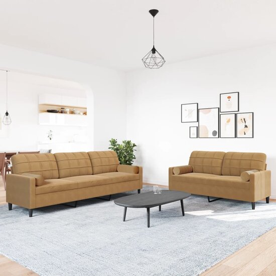 2-delige Loungeset met kussens en bolsters fluweel bruin