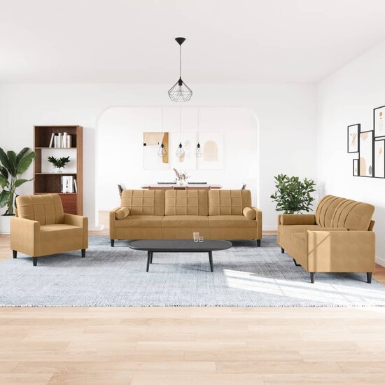 3-delige Loungeset met kussens en bolsters fluweel bruin