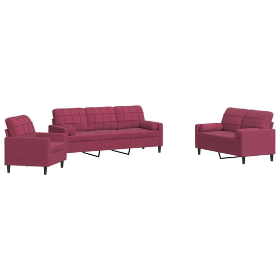 3-Delige Loungeset En Bolsters Fluweel Wijnrood met kussens