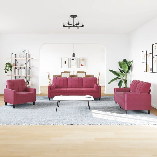3-Delige Loungeset En Bolsters Fluweel Wijnrood met kussens
