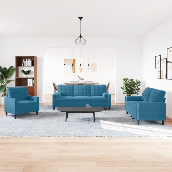 3-Delige Loungeset En Bolsters Fluweel Blauw met kussens