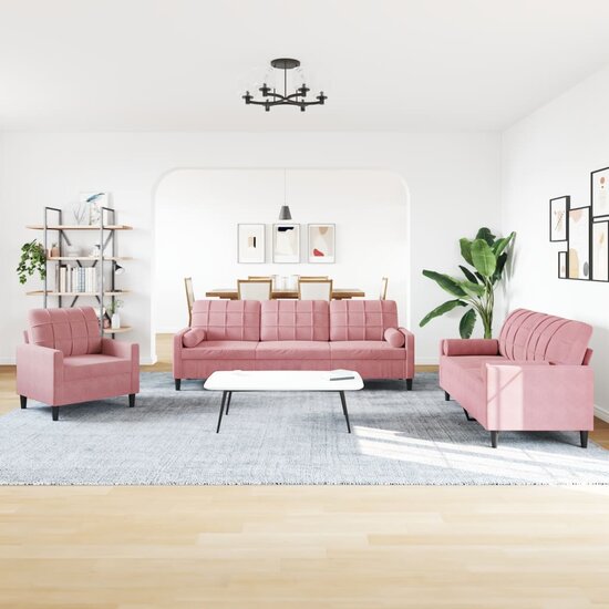 3-Delige Loungeset En Bolsters Fluweel Roze met kussens
