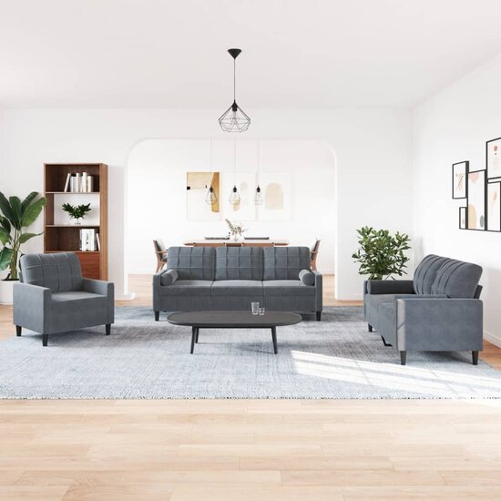 3-Delige Loungeset En Bolsters Fluweel Donkergrijs met kussens