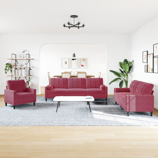 3-Delige Loungeset En Bolsters Fluweel Wijnrood met kussens