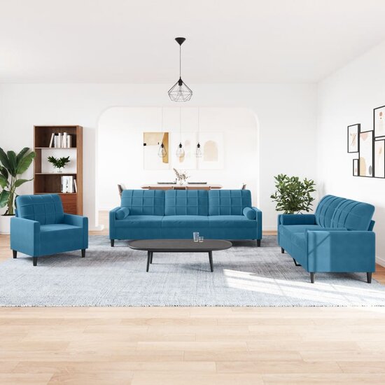 3-Delige Loungeset En Bolsters Fluweel Blauw met kussens