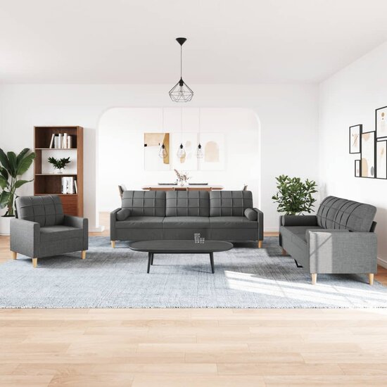 3-Delige Loungeset Met Sierkussens Stof Donkergrijs