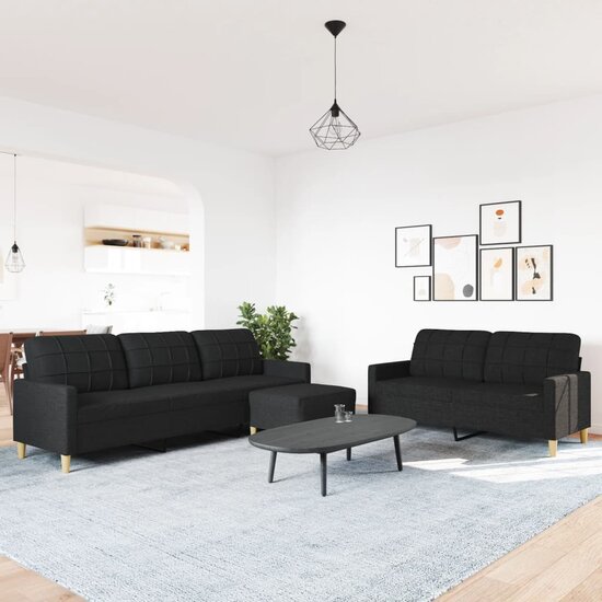 3-Delige Loungeset Stof Zwart Met voetenbank