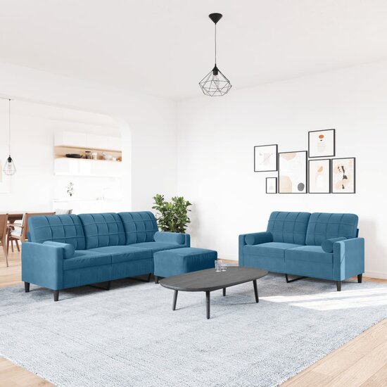 3-delige Loungeset met kussens en bolsters fluweel blauw