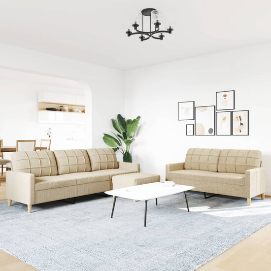 3-delige Loungeset met voetenbank stof cr&egrave;mekleurig
