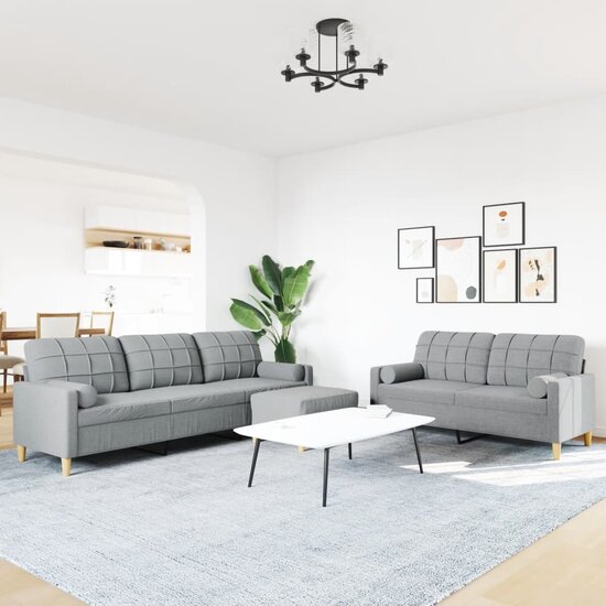 3-delige Loungeset met voetenbank en kussens stof lichtgrijs