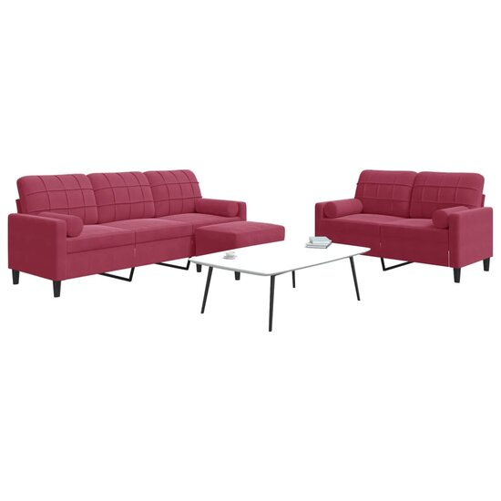 3-Delige Loungeset Met Kussens En Bolsters Fluweel Wijnrood