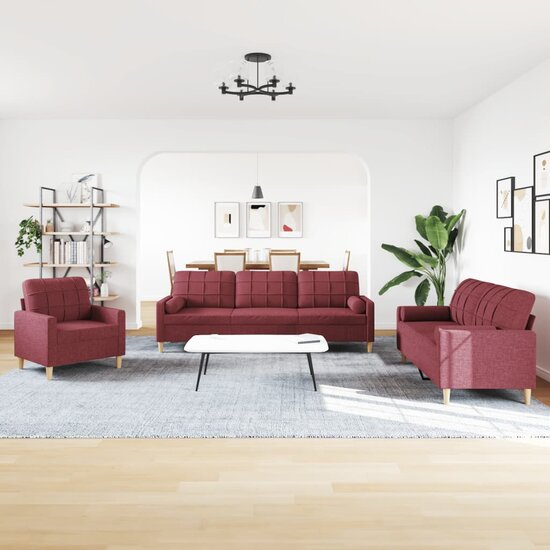 3-Delige Loungeset Met Sierkussens Stof Wijnrood