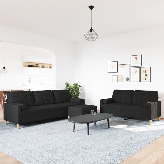 3-Delige Loungeset Met Voetenbank En Kussens Stof Zwart