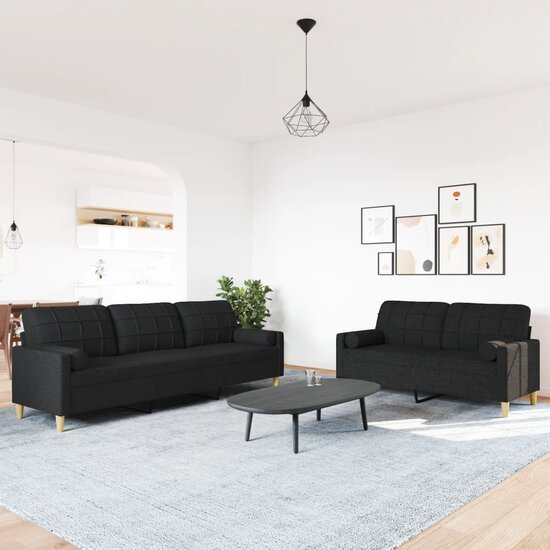2-Delige Loungeset Met Sierkussens Stof Zwart