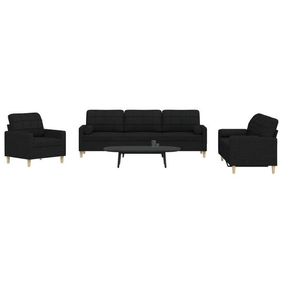 3-Delige Loungeset Met Sierkussens Stof Zwart