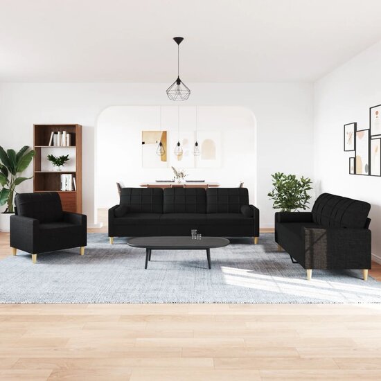 3-Delige Loungeset Met Sierkussens Stof Zwart