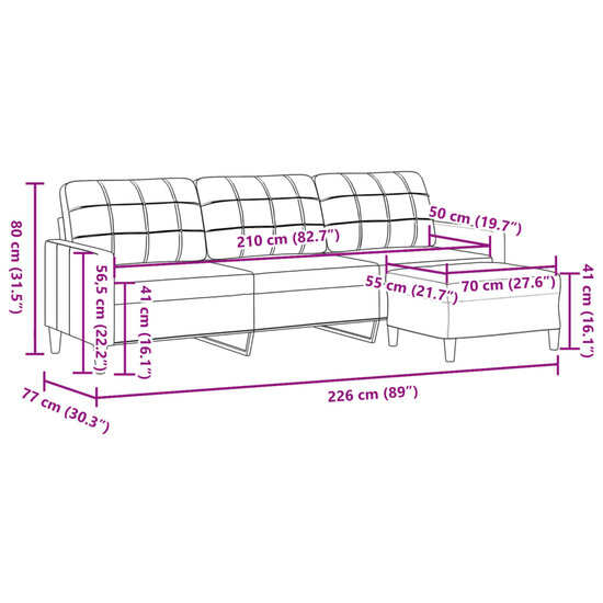 Driezitsbank Met Voetenbank Stof 210 cm Zwart