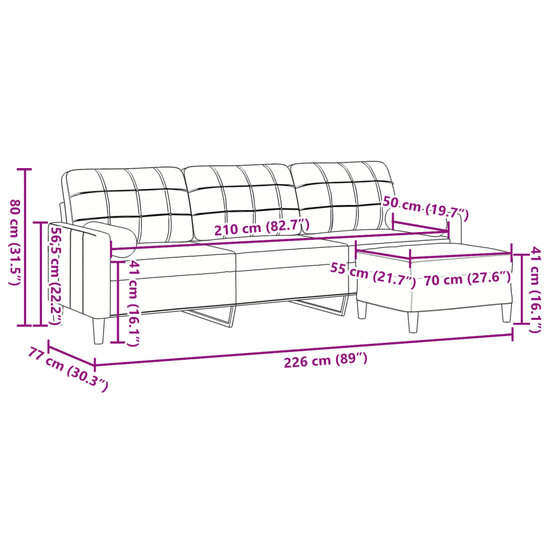 Driezitsbank Met Voetenbank 210 Cm Fluweel Kleurig 226 cm Cr&egrave;me