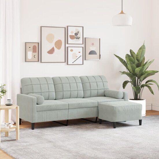 Driezitsbank met voetenbank 180 cm fluweel lichtgrijs