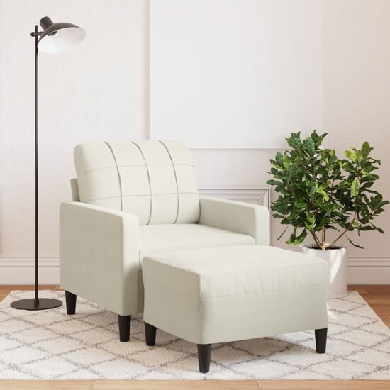 Fauteuil met voetenbank 60 cm fluweel cr&egrave;mekleurig