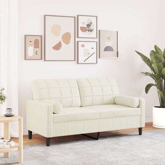 Tweezitsbank met sierkussens 140 cm fluweel cr&egrave;mekleurig