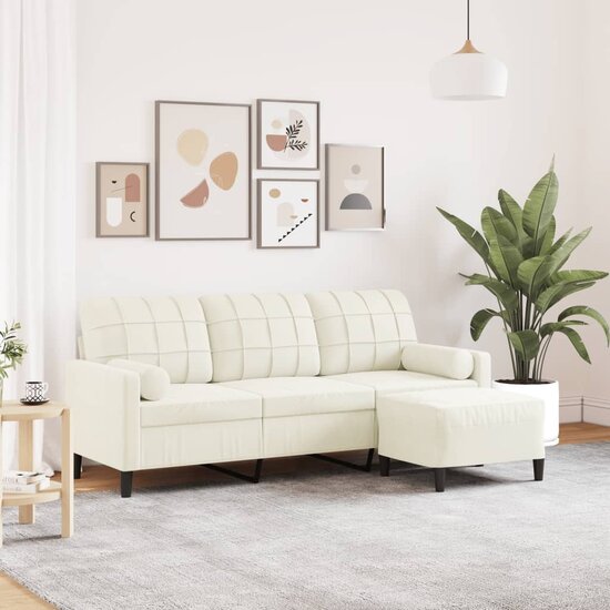 Driezitsbank Met Voetenbank Fluweel Kleurig 180 cm Cr&egrave;me