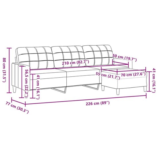 Driezitsbank Met Voetenbank Stof 210 cm Lichtgrijs