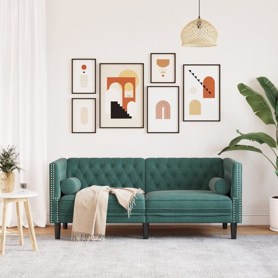 Chesterfield-Stijl En Bolsters Fluweel Donkergroen Tweezitsbank