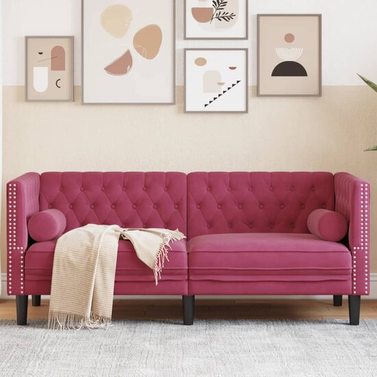 Chesterfield-Stijl En Bolsters Fluweel Wijnrood Tweezitsbank