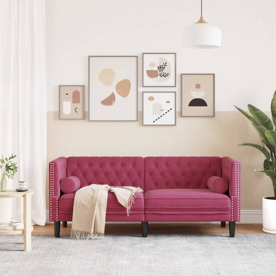 Chesterfield-Stijl En Bolsters Fluweel Wijnrood Tweezitsbank