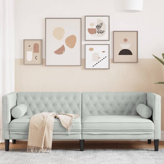 Chesterfield-Stijl Met Bolsters Fluweel Lichtgrijs Driezitsbank
