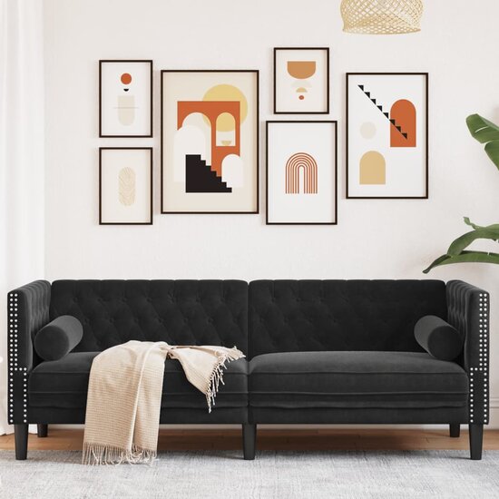 Chesterfield-Stijl Met Bolsters Fluweel Zwart Driezitsbank