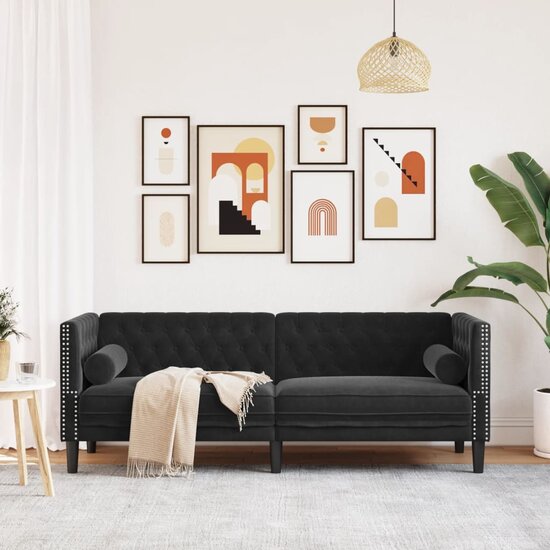 Chesterfield-Stijl Met Bolsters Fluweel Zwart Driezitsbank