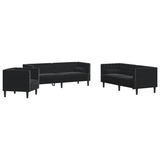 3-Delige Loungeset Chesterfield Met Bolsters Fluweel Zwart