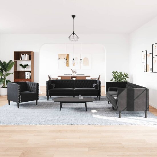 3-Delige Loungeset Chesterfield Met Bolsters Fluweel Zwart